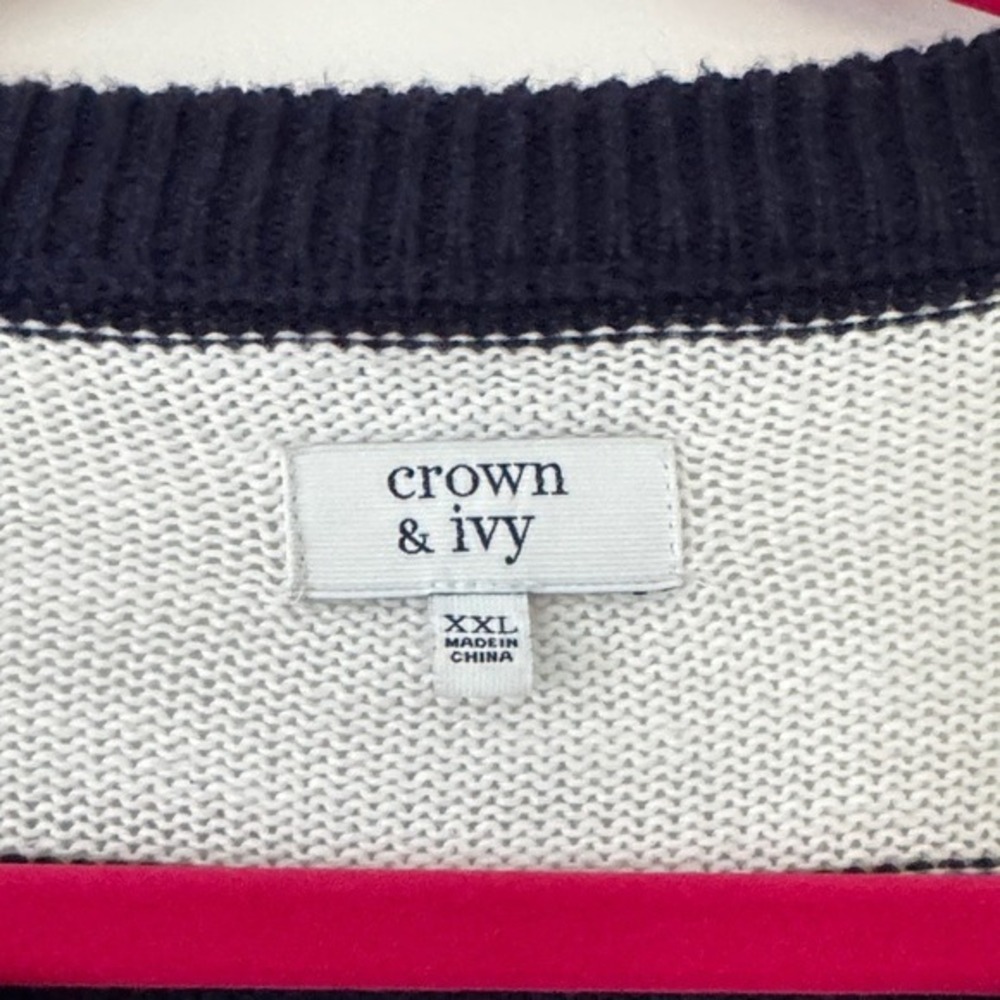 Crown & Ivy Womens XXL Sweater Navy Blue White Coral Pink Striped Cotton Knit - Picture 3 of 7